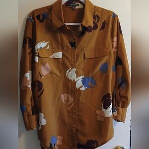 Madison Mustard Floral Print Button-Up Blouse with Blue, White & Pink Accents